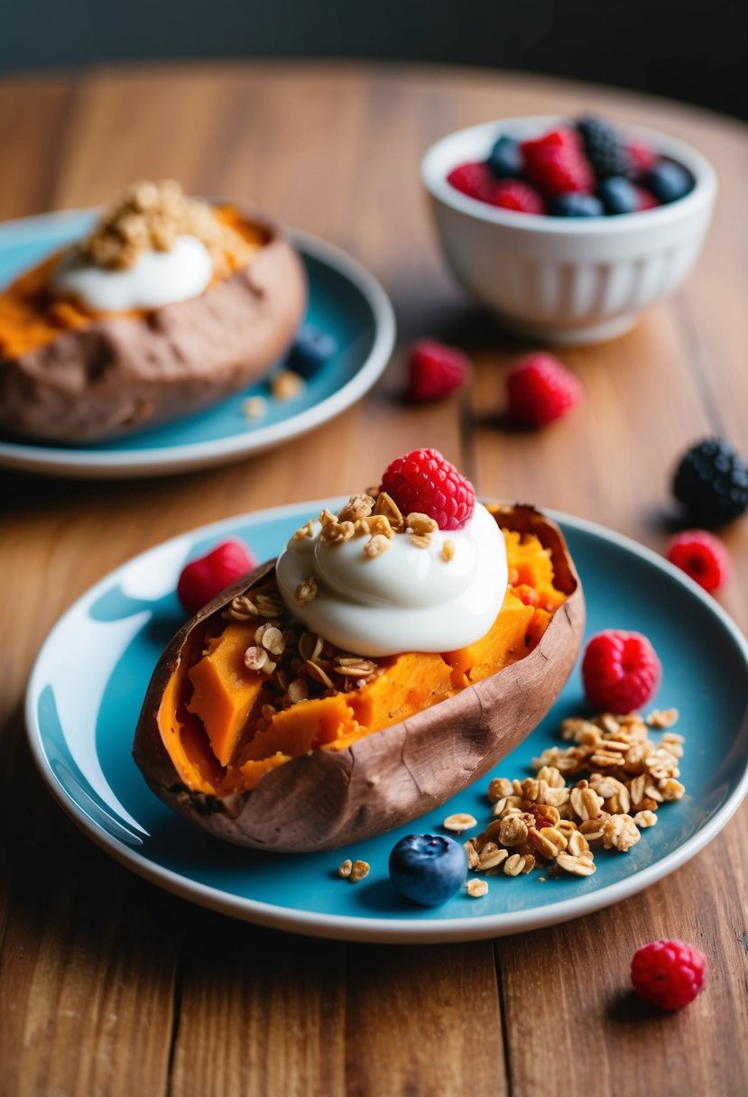 A baked sweet potato topped with a dollop of Greek yogurt, surrounded by fresh berries and a sprinkle of granola on a wooden breakfast table