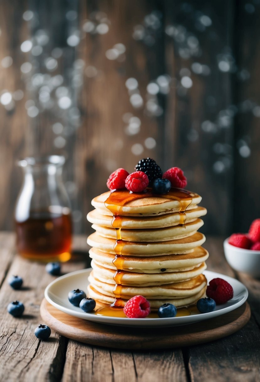 A stack of fluffy pancakes topped with syrup and fresh berries on a rustic wooden table