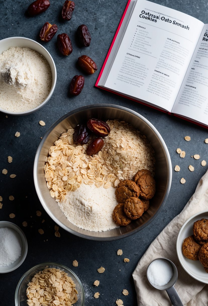 A mixing bowl filled with oats, dates, and flour, surrounded by scattered ingredients and a recipe book open to a page on oatmeal-date smash cookies