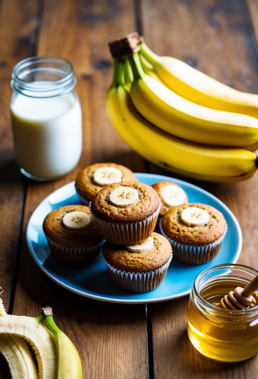 A wooden table with a plate of whole wheat banana muffins, a bunch of ripe bananas, a jar of honey, and a glass of milk