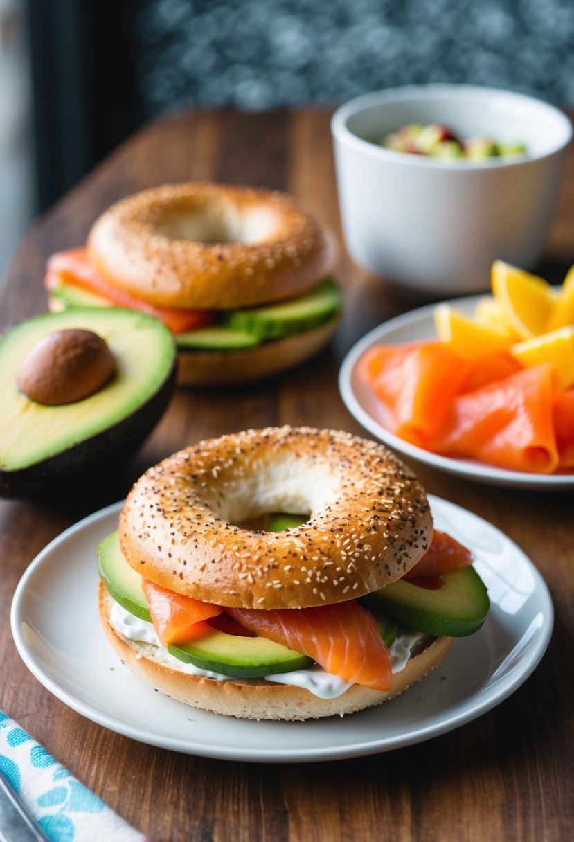 A colorful breakfast spread with a toasted bagel topped with sliced avocado and smoked salmon, accompanied by a side of fresh fruit