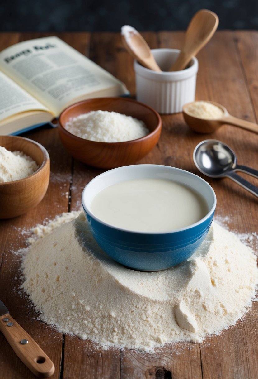 A bowl of condensed milk sits next to a pile of bread flour, surrounded by baking utensils and a recipe book