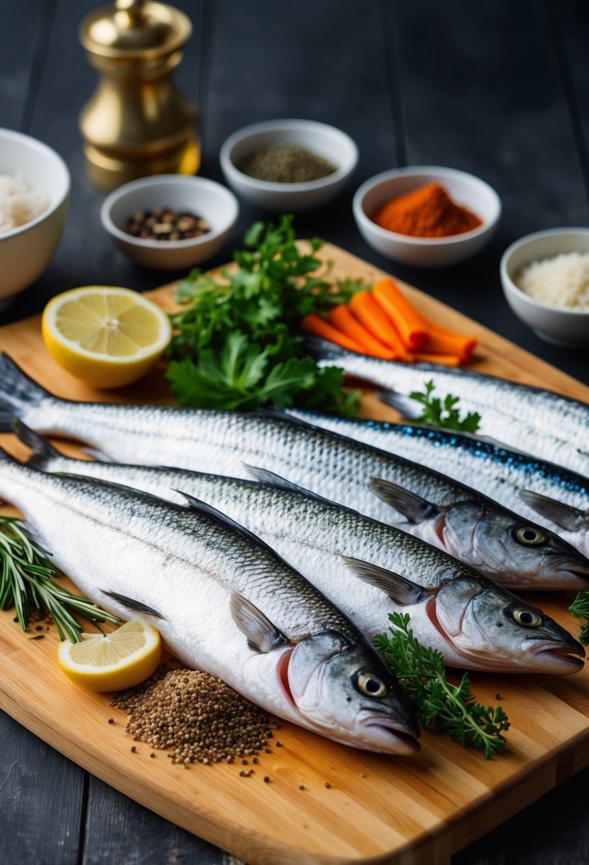 A variety of fish, herbs, and spices arranged on a wooden cutting board