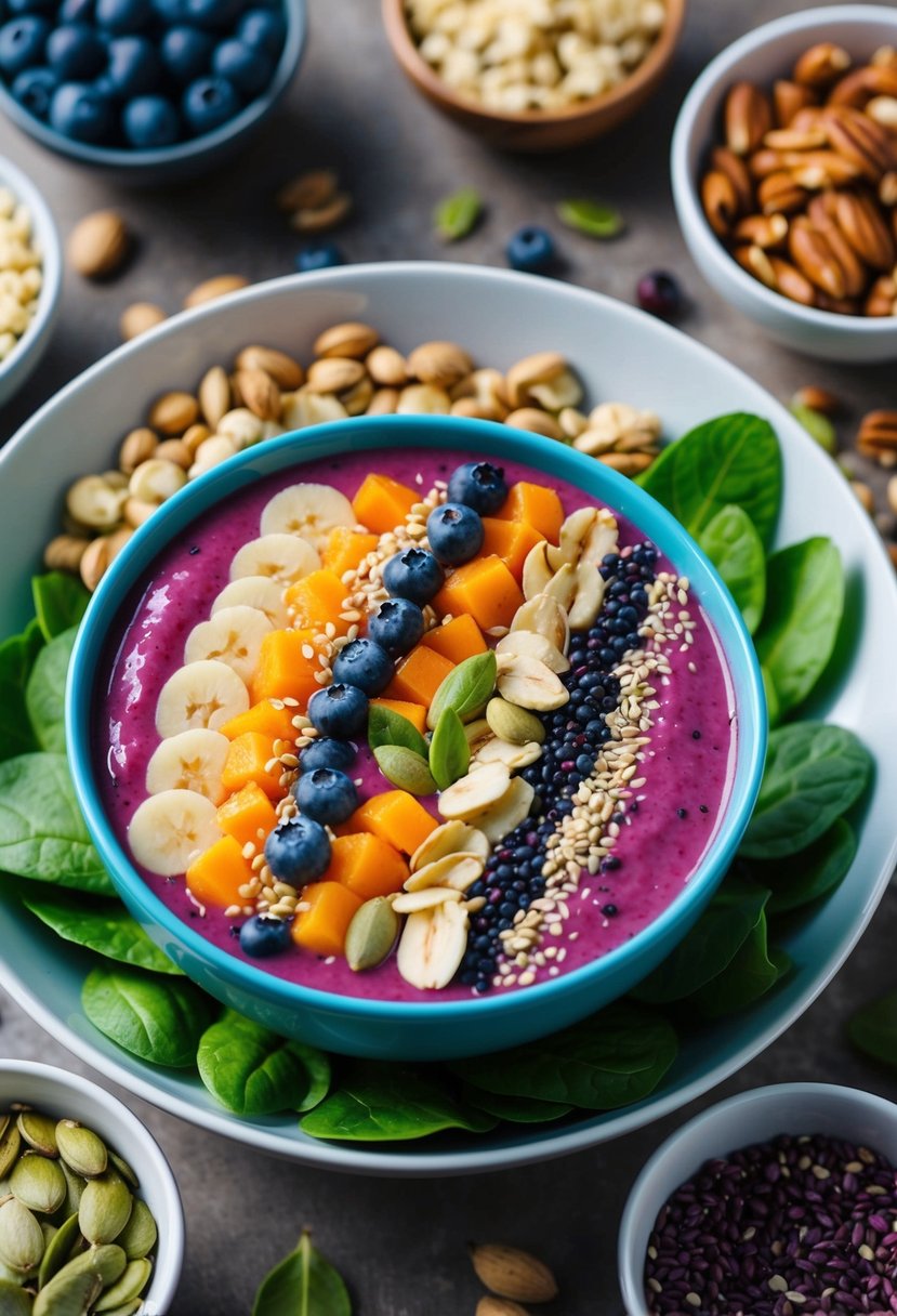 A colorful smoothie bowl surrounded by a variety of protein-packed ingredients such as nuts, seeds, and fresh fruit