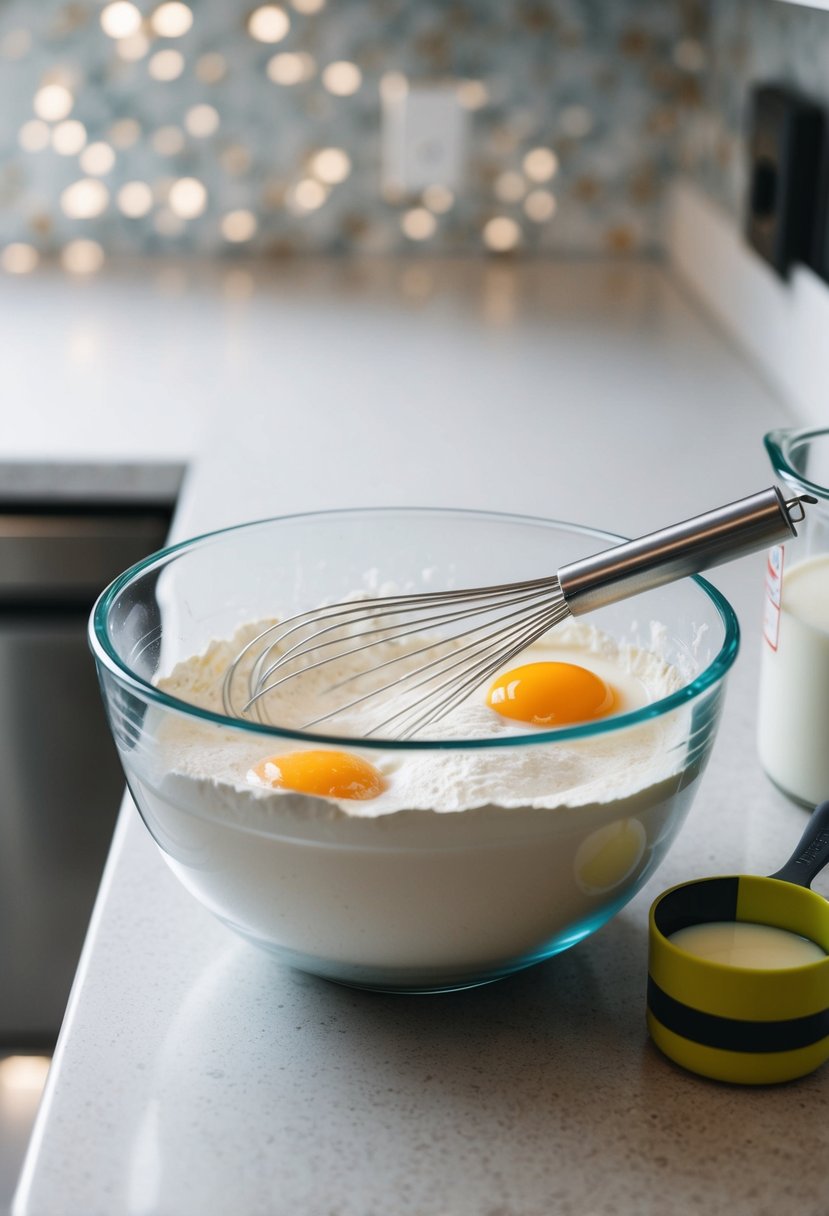 A mixing bowl with flour, eggs, and milk. A whisk and measuring cup on a countertop