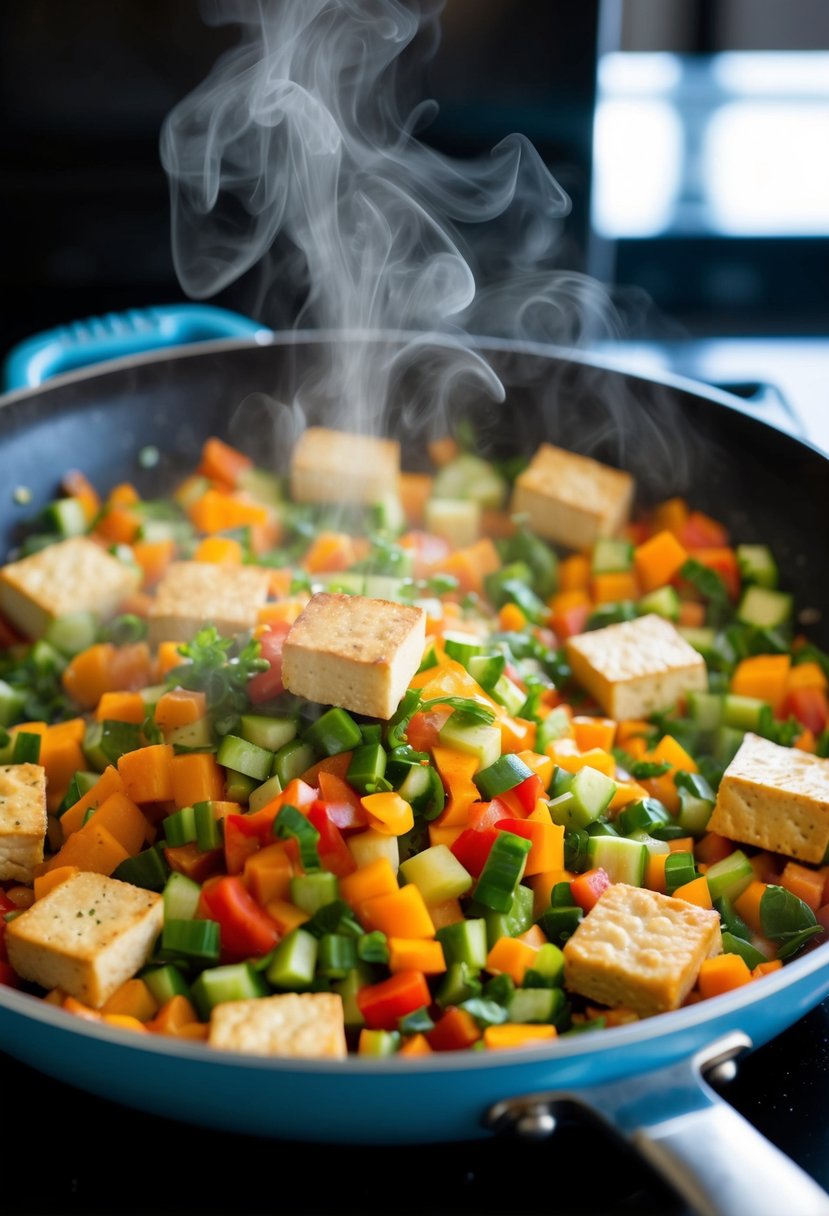 A colorful array of chopped vegetables and tofu sizzling in a skillet, with steam rising from the pan