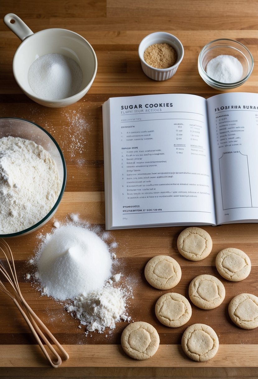 A wooden kitchen counter with scattered ingredients: flour, sugar, and a recipe book open to a page for sugar cookies