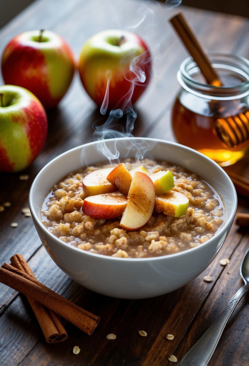 A steaming bowl of apple cinnamon oatmeal sits on a wooden table, surrounded by fresh apples, cinnamon sticks, and a jar of honey