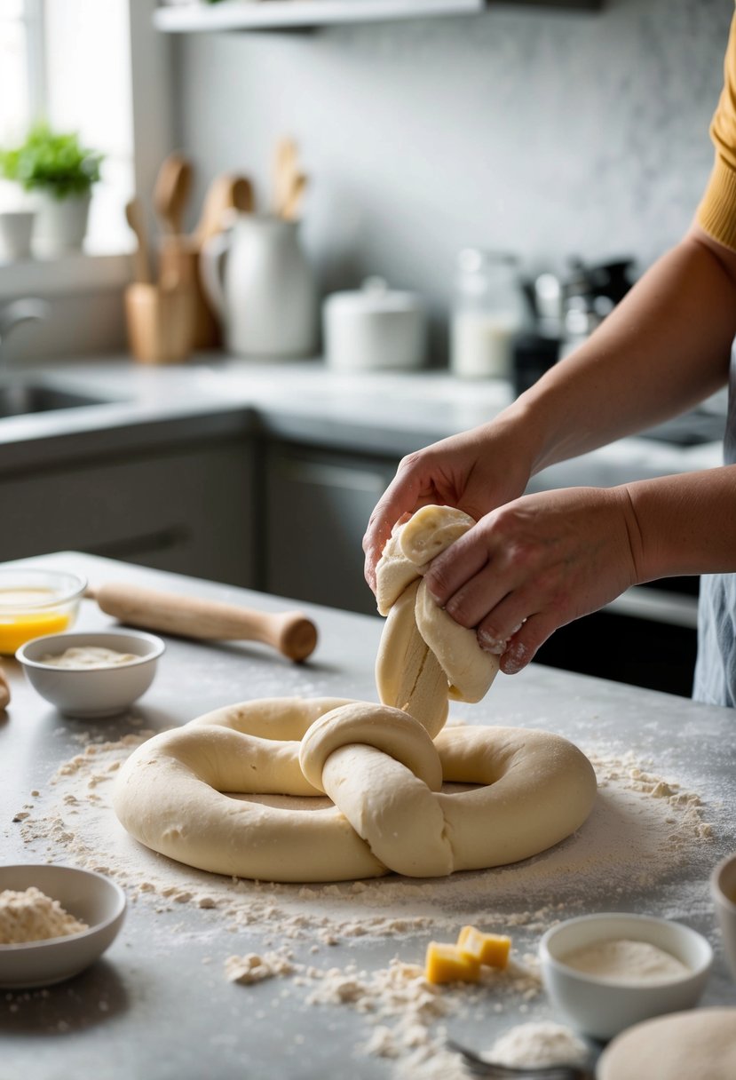 Soft pretzel dough being kneaded and rolled in a flour-dusted kitchen, with ingredients and utensils scattered on the counter