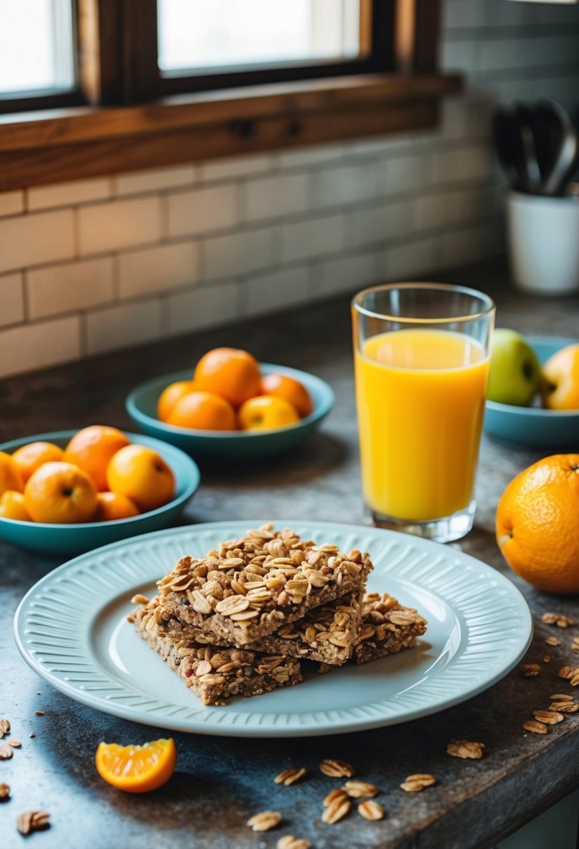 A rustic kitchen counter with a plate of Nutty Granola Bars, surrounded by fresh fruits and a glass of orange juice