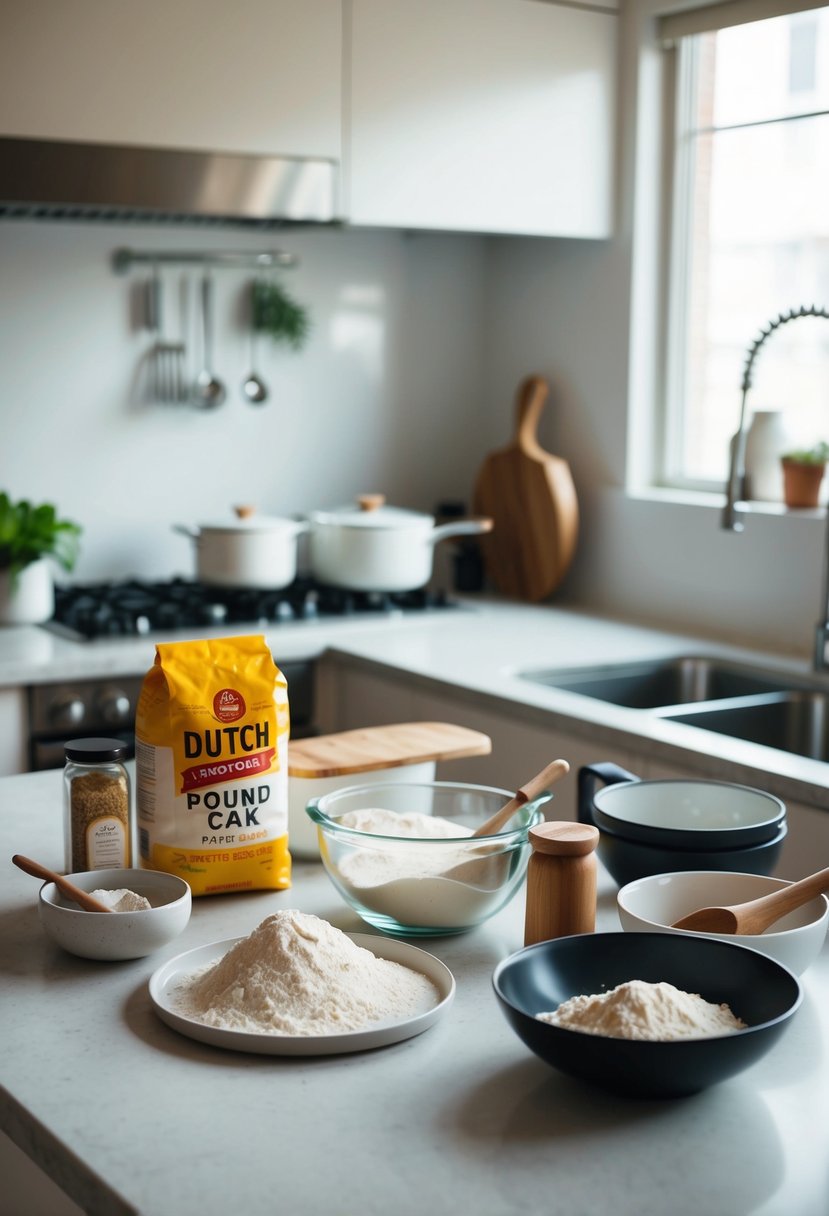 A kitchen counter with ingredients and utensils for making Dutch pound cake flour recipes