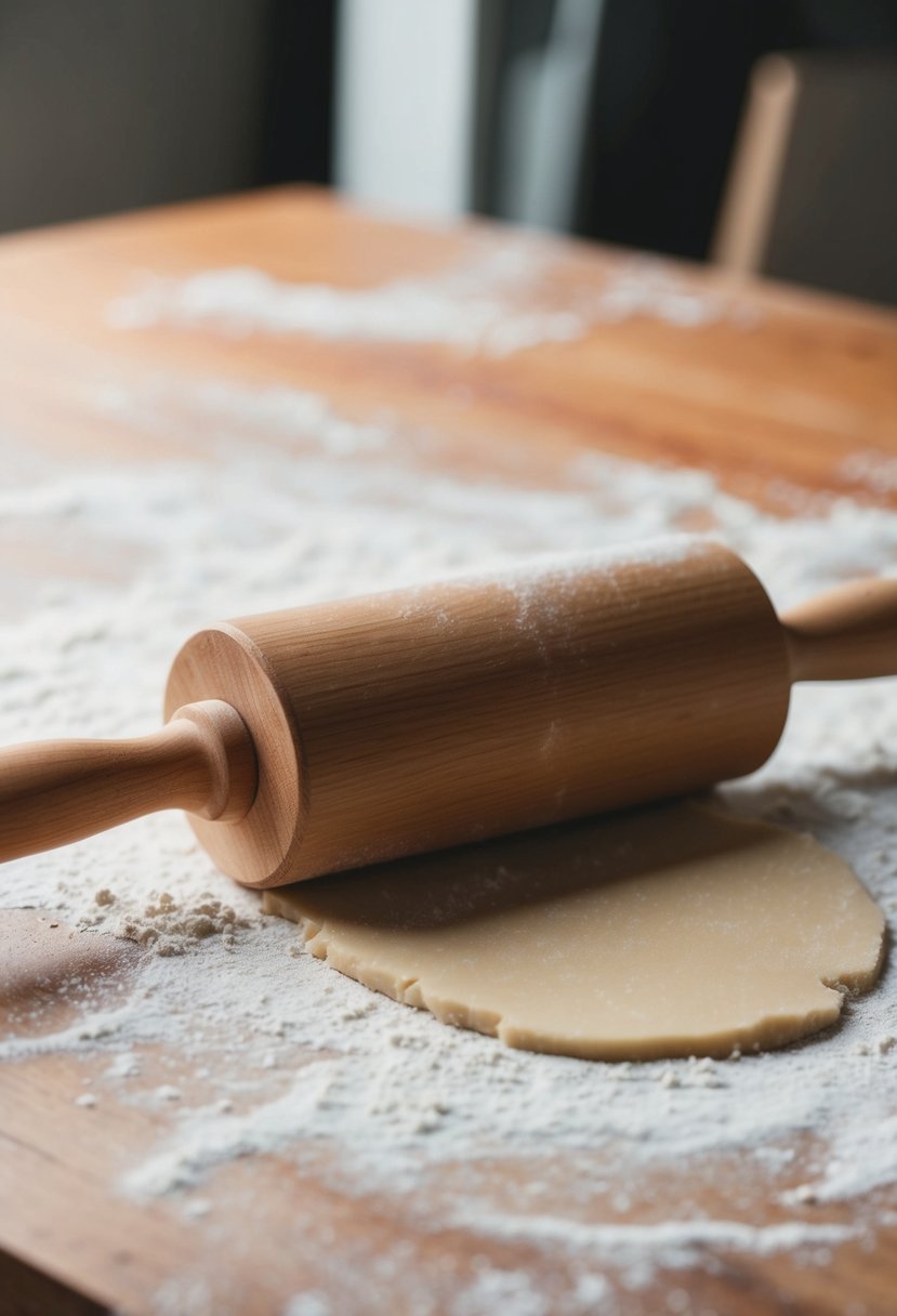 A wooden rolling pin flattening dough on a floured surface