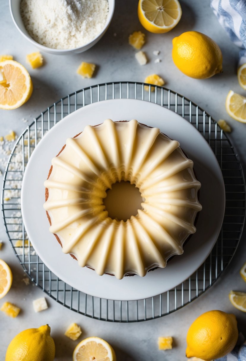 A freshly baked lemon drizzle cake cooling on a wire rack, surrounded by scattered ingredients like flour, sugar, and lemons