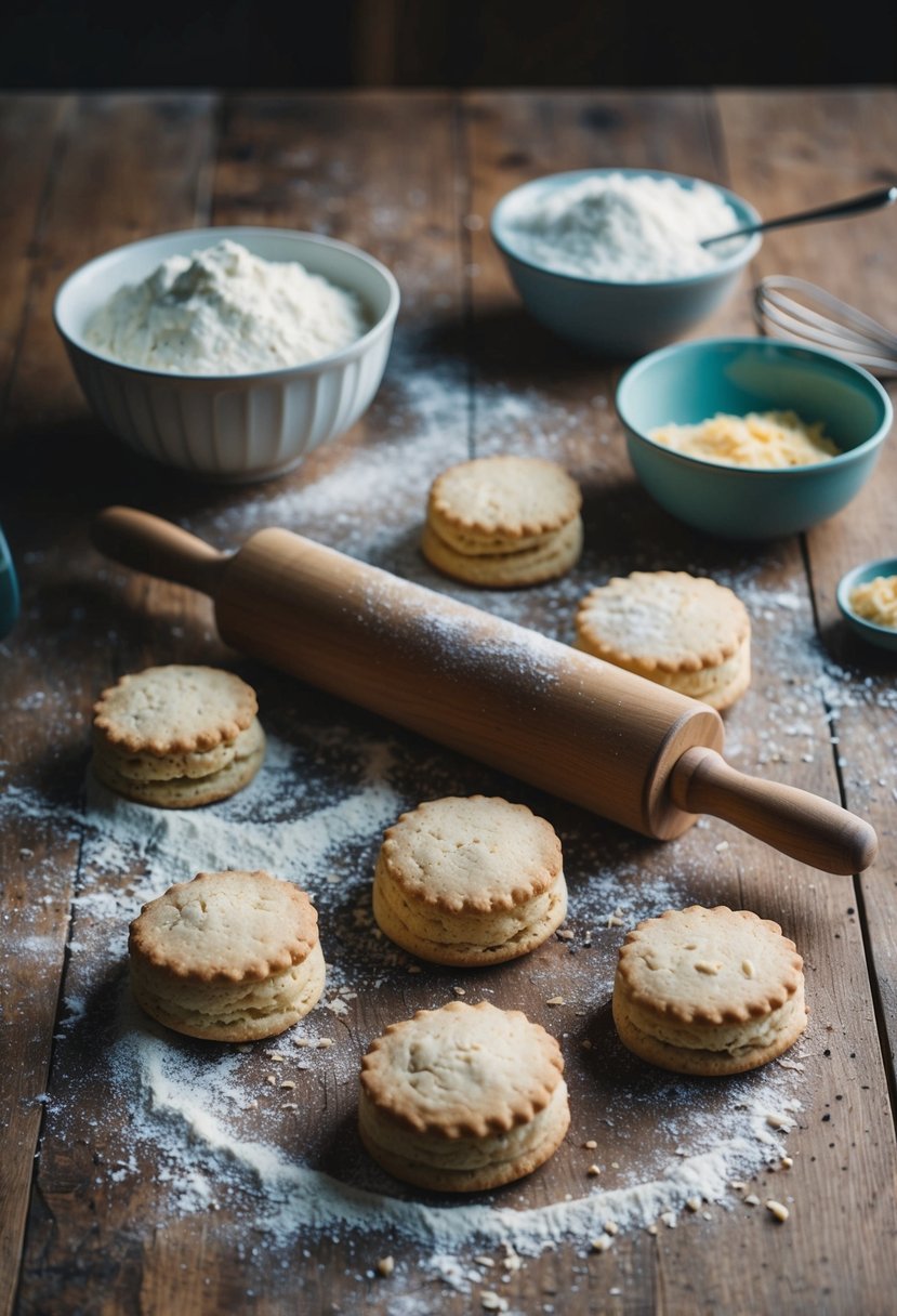 A rustic kitchen table with scattered flour, a mixing bowl, and a rolling pin surrounded by savory scones