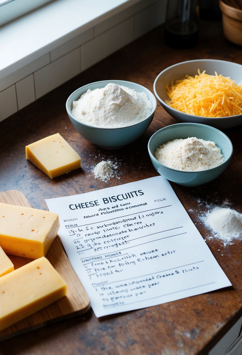 A rustic kitchen counter with scattered ingredients: flour, cheese, and a recipe for cheese biscuits