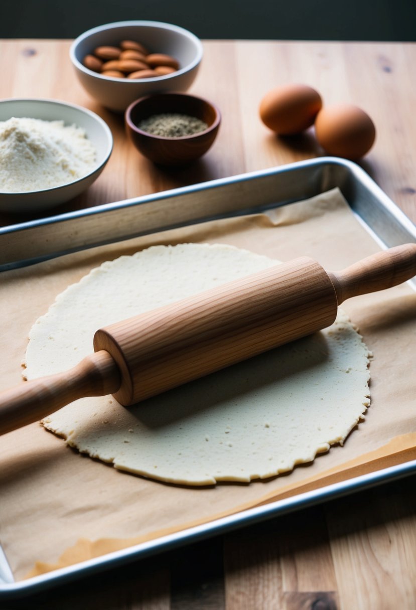 A wooden rolling pin flattens almond flour pizza crust on a parchment paper-lined baking sheet. Ingredients like almond flour, eggs, and seasonings sit nearby