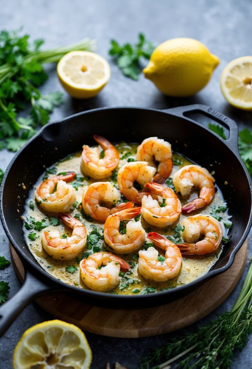 A sizzling skillet of garlic butter shrimp, surrounded by fresh herbs and lemon slices