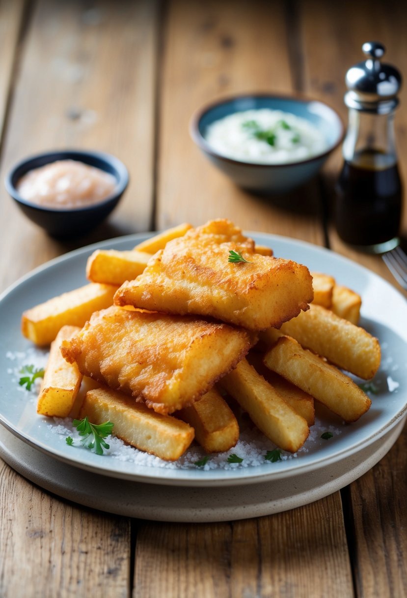 A plate of golden-brown fish and chips, surrounded by a scattering of salt and a side of tartar sauce