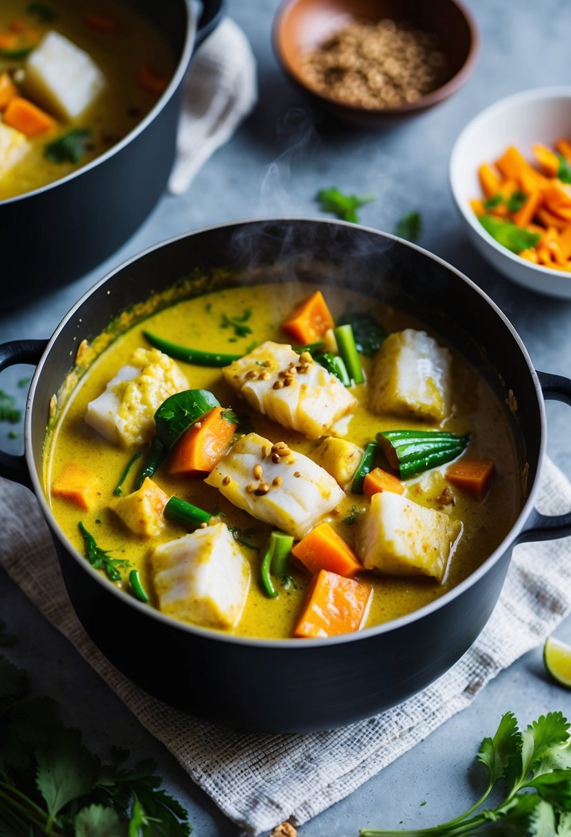 A steaming pot of Thai coconut fish curry simmers over a low flame, filled with chunks of tender white fish, vibrant vegetables, and aromatic spices