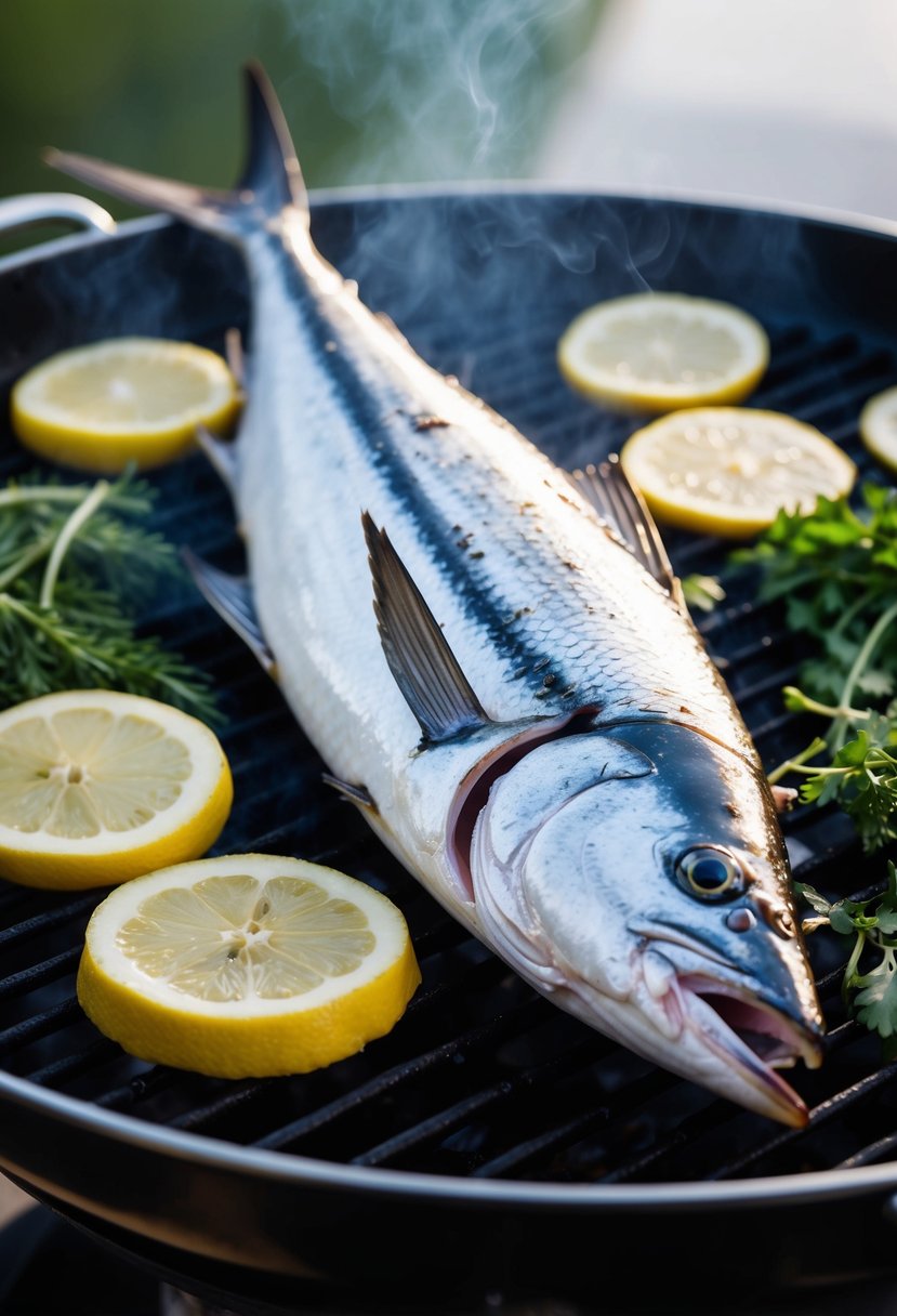 A mackerel fish sizzling on a grill, surrounded by lemon slices and fresh herbs