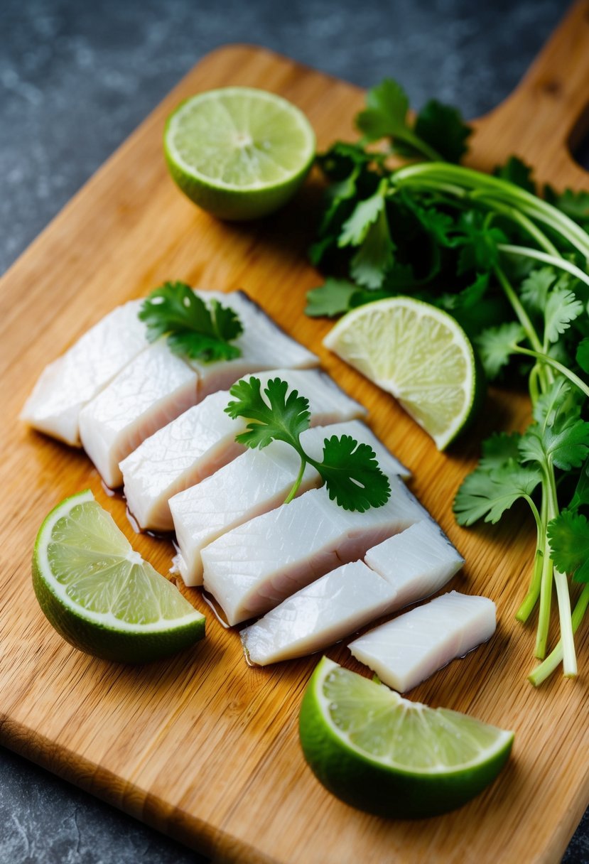 A wooden cutting board with a freshly sliced white fish, lime wedges, and sprigs of cilantro arranged in an appetizing display