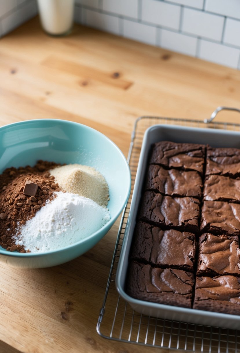 A mixing bowl filled with cocoa, flour, and sugar sits next to a tray of freshly baked brownies cooling on a wire rack