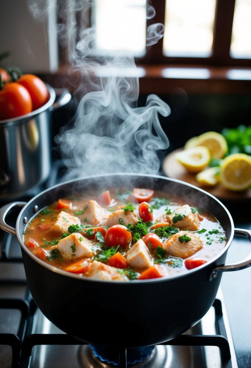 A pot of fish stew simmering with tomatoes, herbs, and chunks of fish. Steam rises from the pot, filling the kitchen with savory aromas