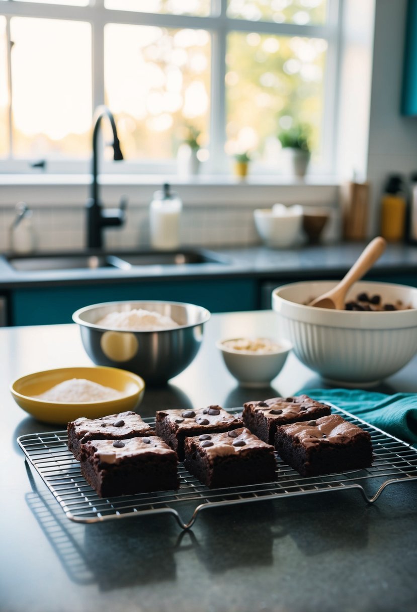 A kitchen counter with a cooling rack of double chocolate chip brownies next to a mixing bowl and ingredients