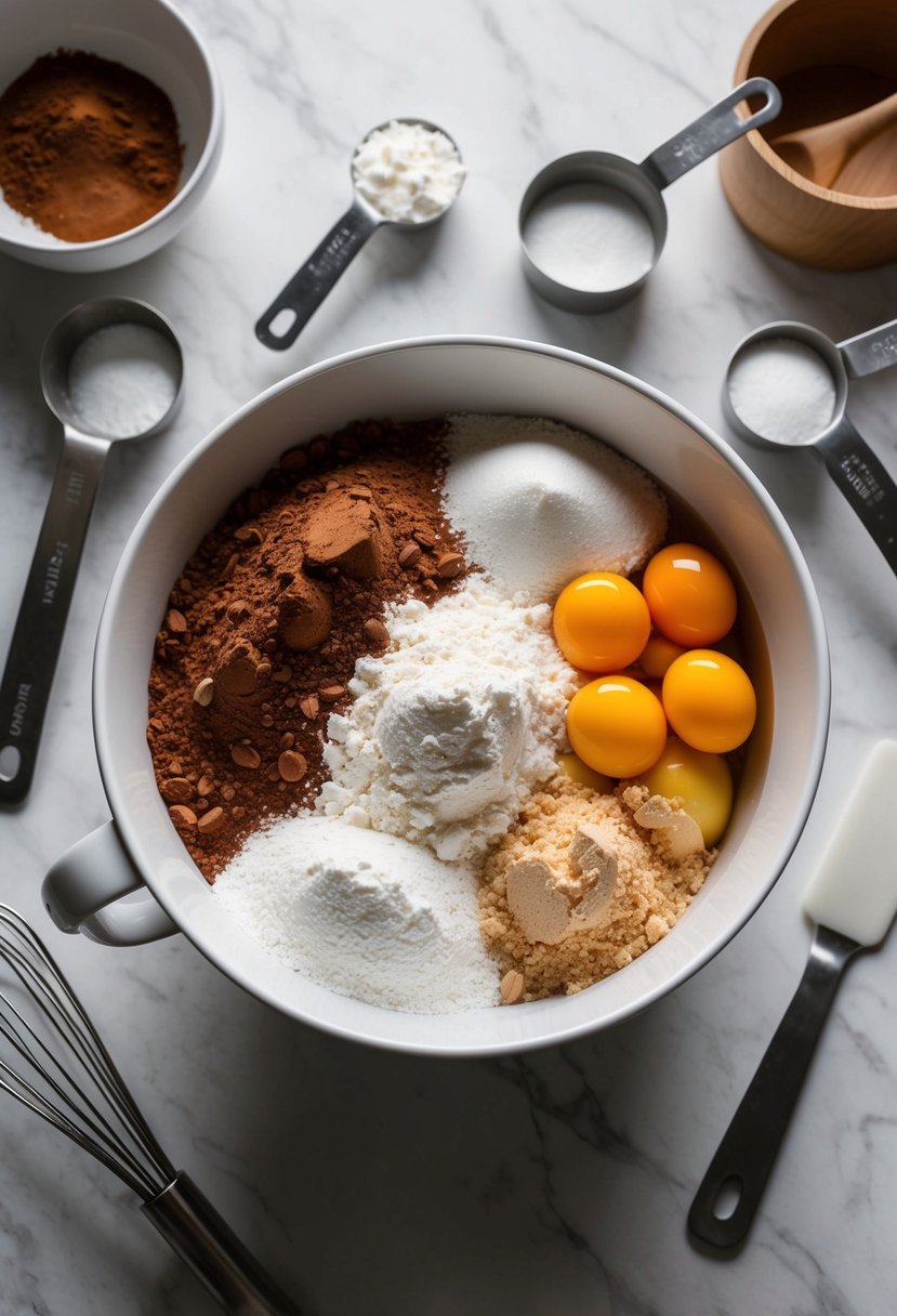 A mixing bowl filled with cocoa powder, flour, sugar, and eggs, surrounded by measuring cups and spoons, with a whisk and spatula nearby