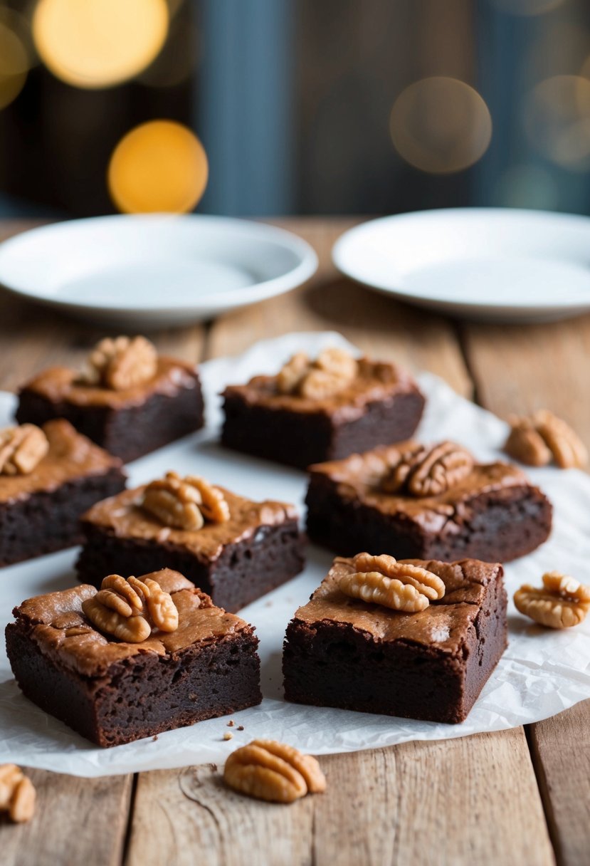 A wooden table with a batch of freshly baked brownies topped with a generous amount of walnuts, ready to be served