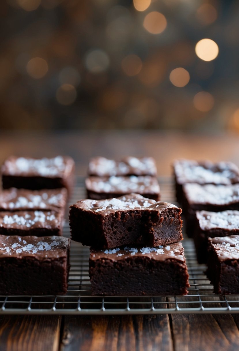 A batch of dark chocolate sea salt brownies cooling on a wire rack