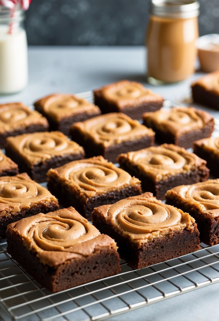 A pan of freshly baked peanut butter swirl brownies cooling on a wire rack