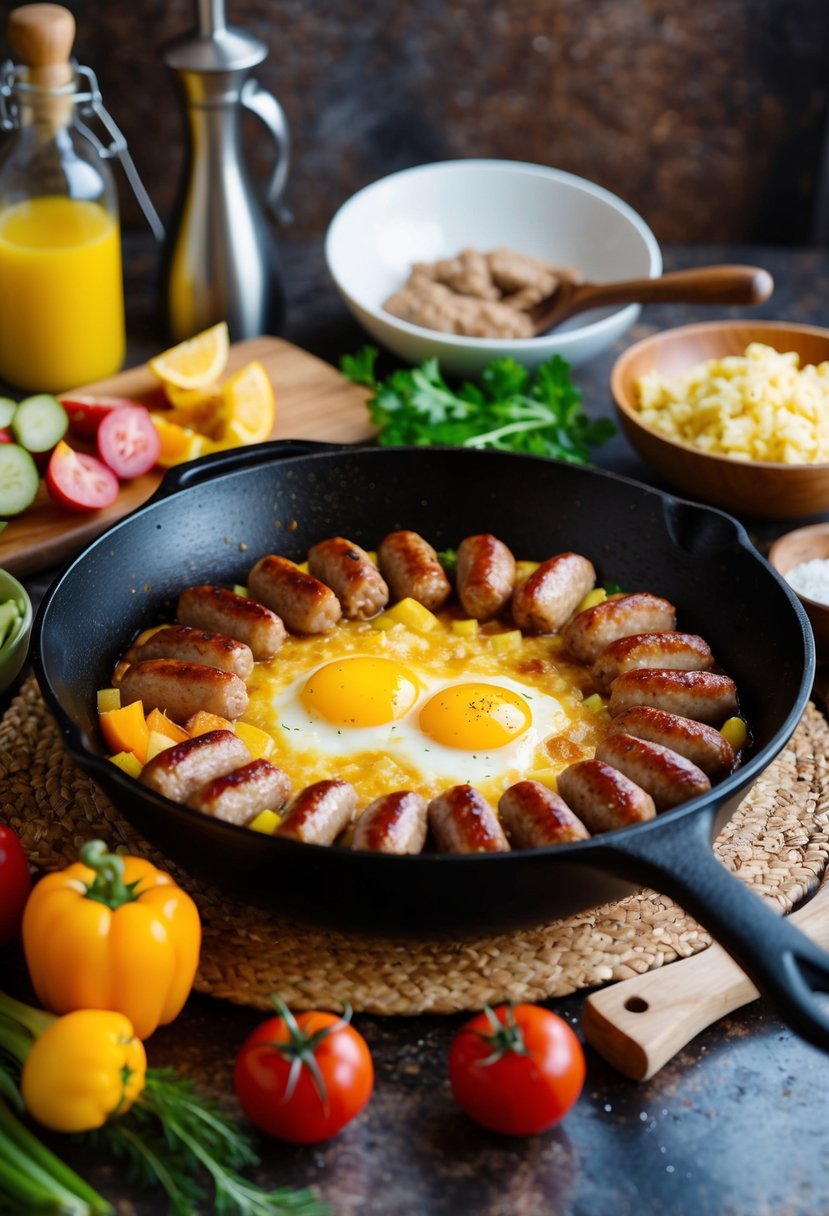 A sizzling skillet holds a variety of sausage breakfast recipes, surrounded by colorful ingredients and cooking utensils on a rustic kitchen counter