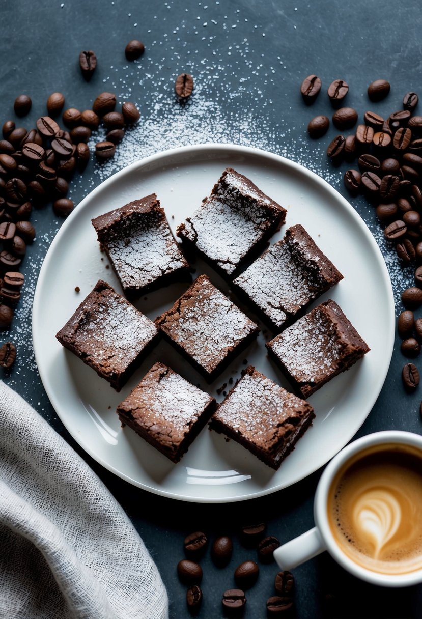 A plate of chewy espresso brownies with a dusting of powdered sugar, surrounded by scattered coffee beans and a steaming cup of espresso