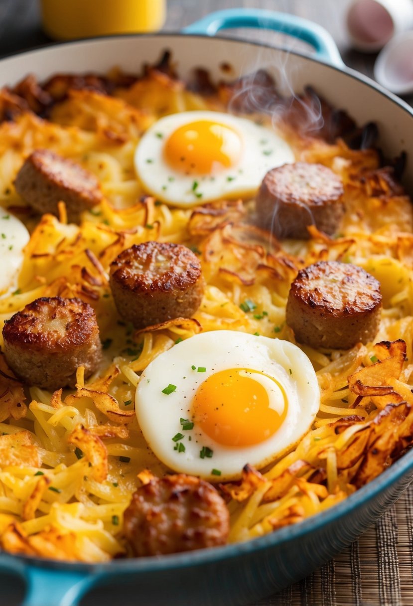 A sizzling casserole dish filled with layers of golden hash browns, savory sausage, and fluffy eggs, steaming and ready to be served