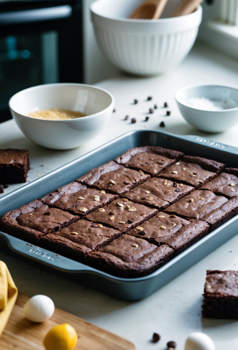 A kitchen counter with a tray of freshly baked gluten-free chocolate brownies, surrounded by scattered ingredients and a mixing bowl