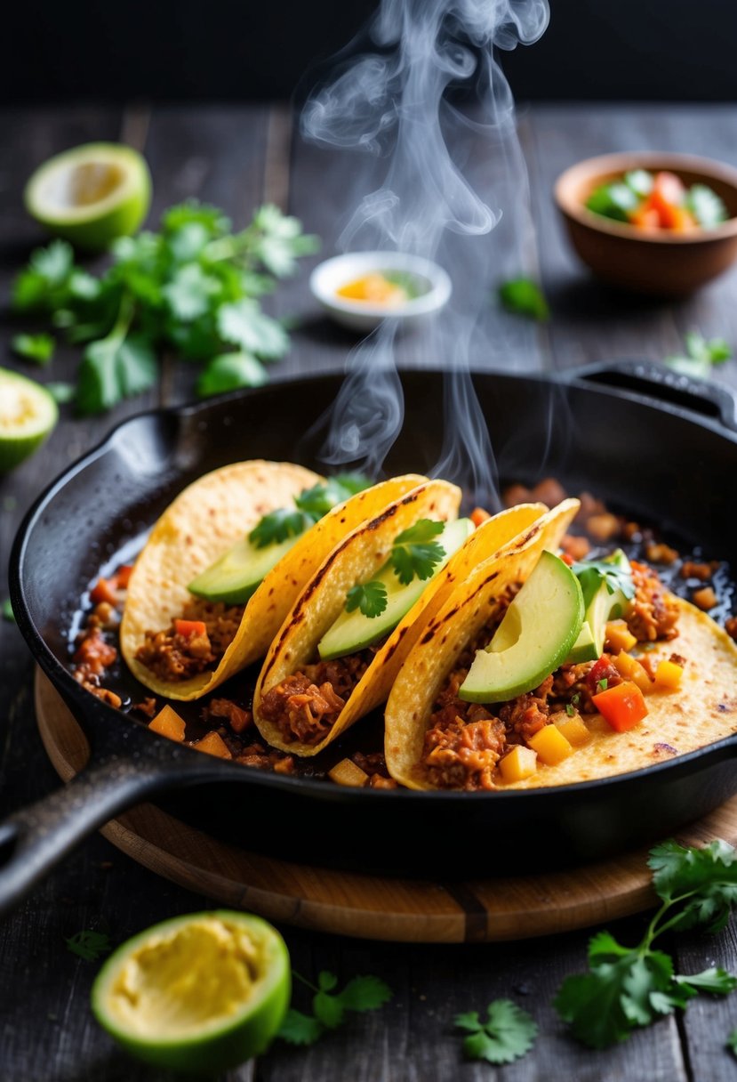 A sizzling skillet of chorizo breakfast tacos, with steam rising and fresh ingredients scattered around