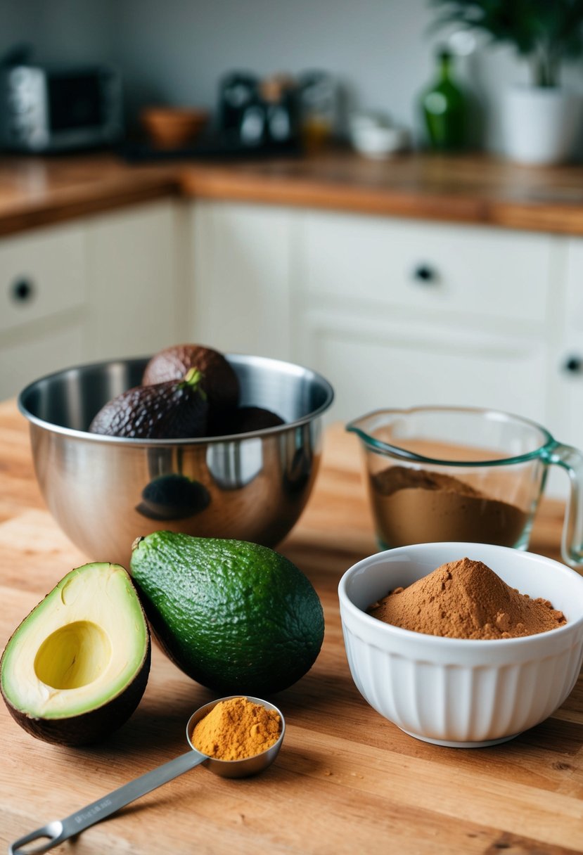 A kitchen counter with ingredients for vegan avocado brownies, including ripe avocados, cocoa powder, and a mixing bowl