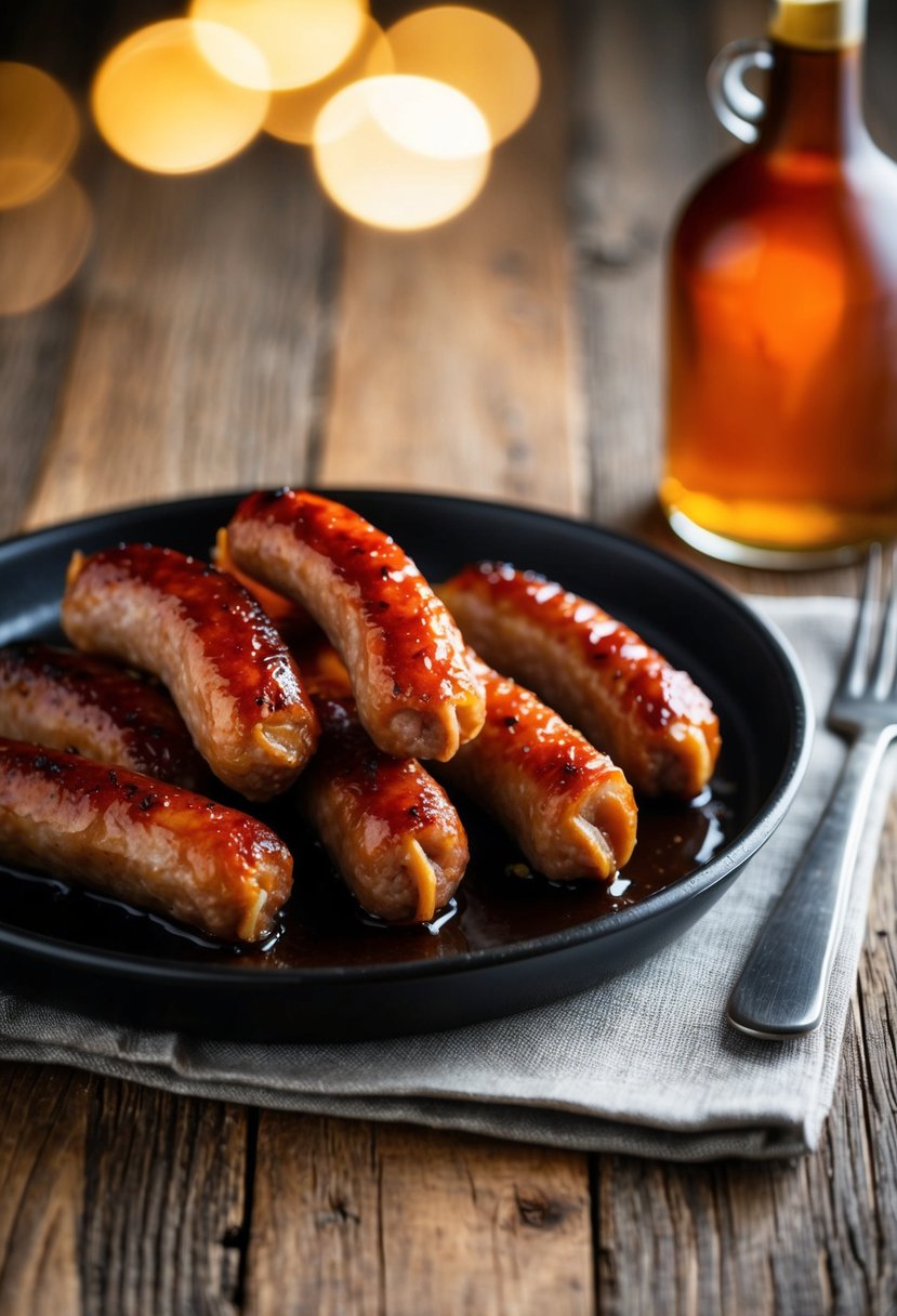 A platter of sizzling maple-glazed sausage links on a rustic wooden table