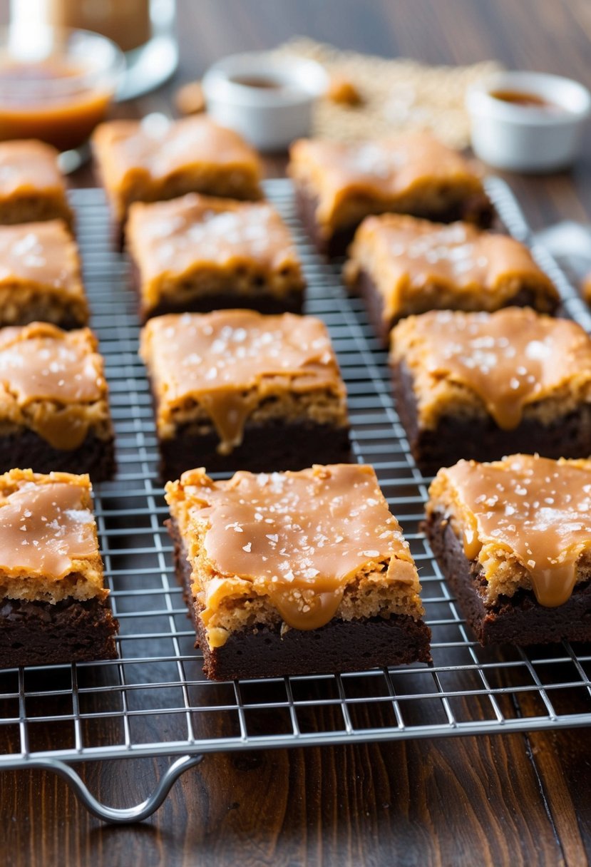 A pan of freshly baked salted caramel brownies cooling on a wire rack