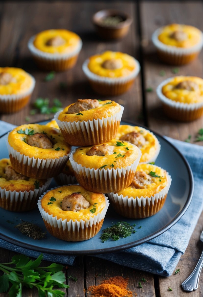 A platter of freshly baked sausage and egg muffins sits on a rustic wooden table, surrounded by scattered spices and herbs