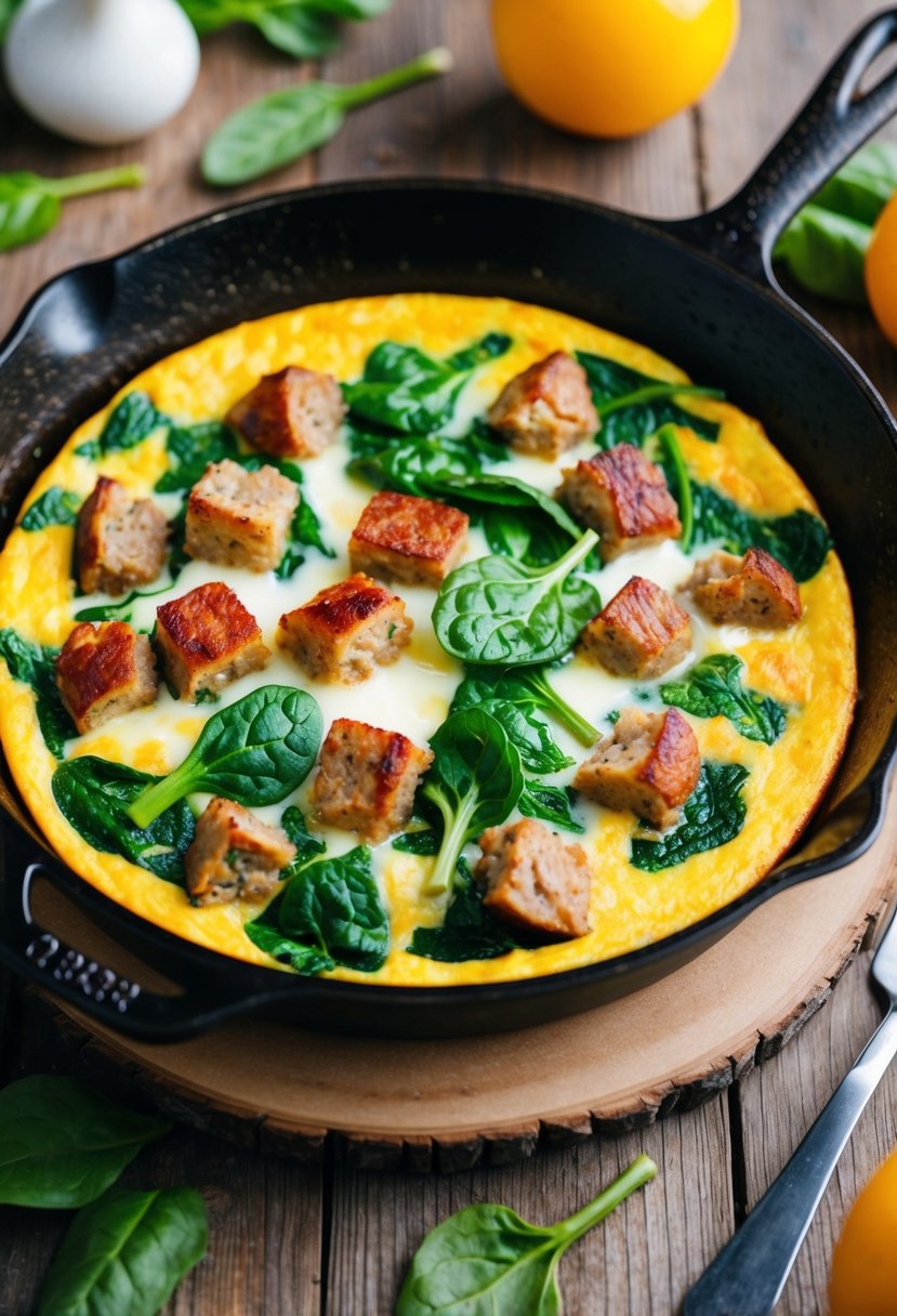 A sizzling frittata in a cast-iron skillet, filled with chunks of Italian sausage and vibrant green spinach, surrounded by fresh ingredients on a rustic wooden tabletop