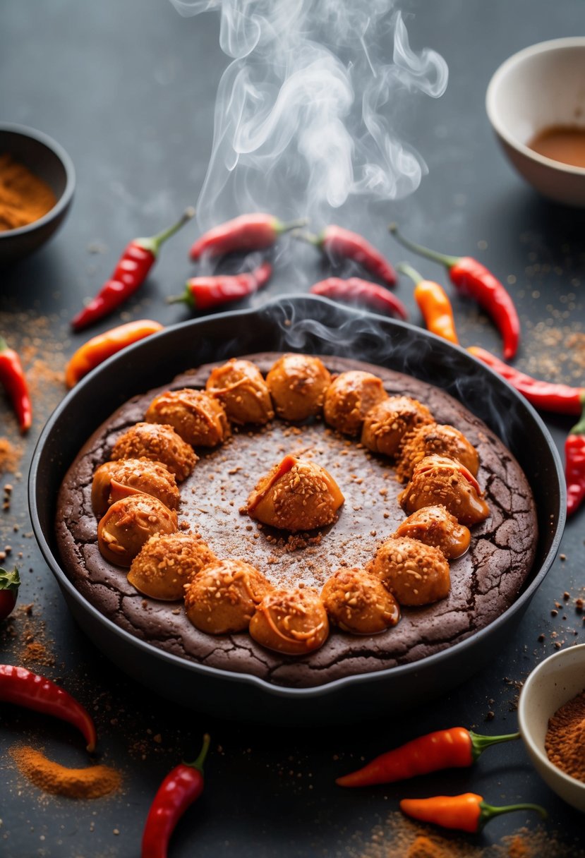 A steaming pan of rich, chocolate brownies topped with a spicy chili glaze, surrounded by scattered chili peppers and cocoa powder