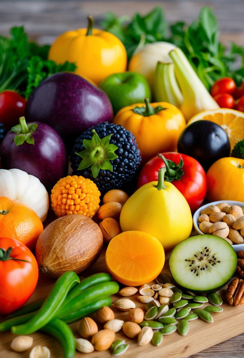 A colorful array of fresh fruits, vegetables, nuts, and seeds arranged on a wooden cutting board