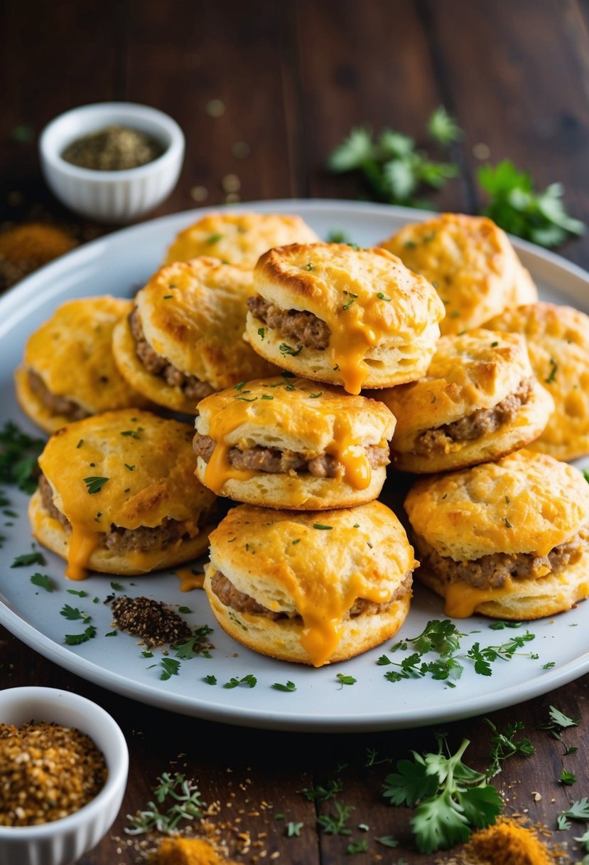 A platter of spicy cheddar sausage biscuits, fresh from the oven, surrounded by scattered herbs and spices