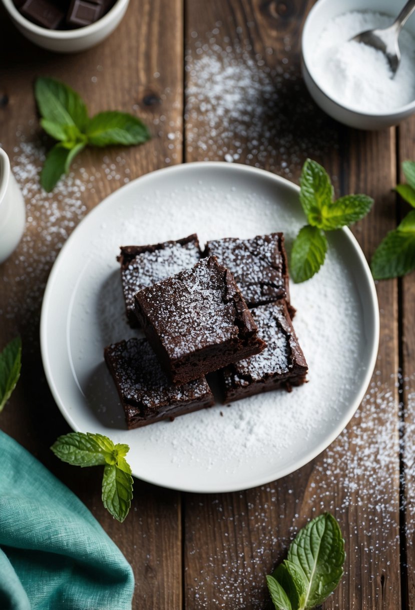 A plate of mint chocolate brownies on a rustic wooden table, surrounded by fresh mint leaves and a sprinkling of powdered sugar