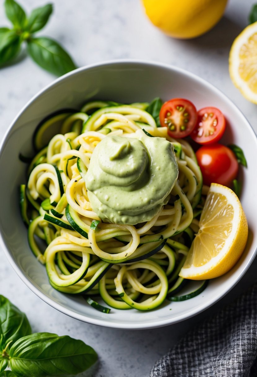 A bowl of raw zucchini noodles topped with creamy avocado sauce, surrounded by fresh ingredients like tomatoes, basil, and lemon