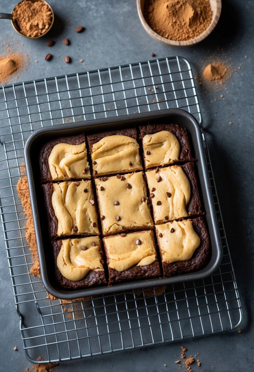 A pan of cream cheese brownies cooling on a wire rack, surrounded by scattered cocoa powder and a few crumbs