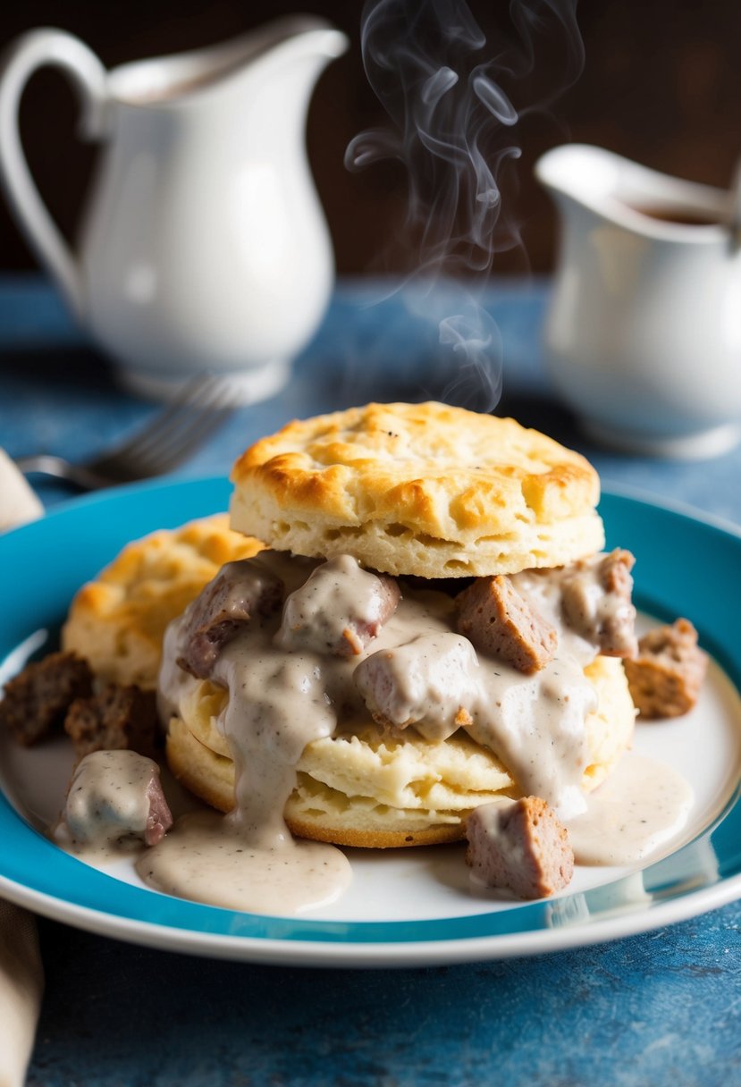 A steaming plate of biscuits smothered in rich, creamy sausage gravy, with savory chunks of sausage peeking out