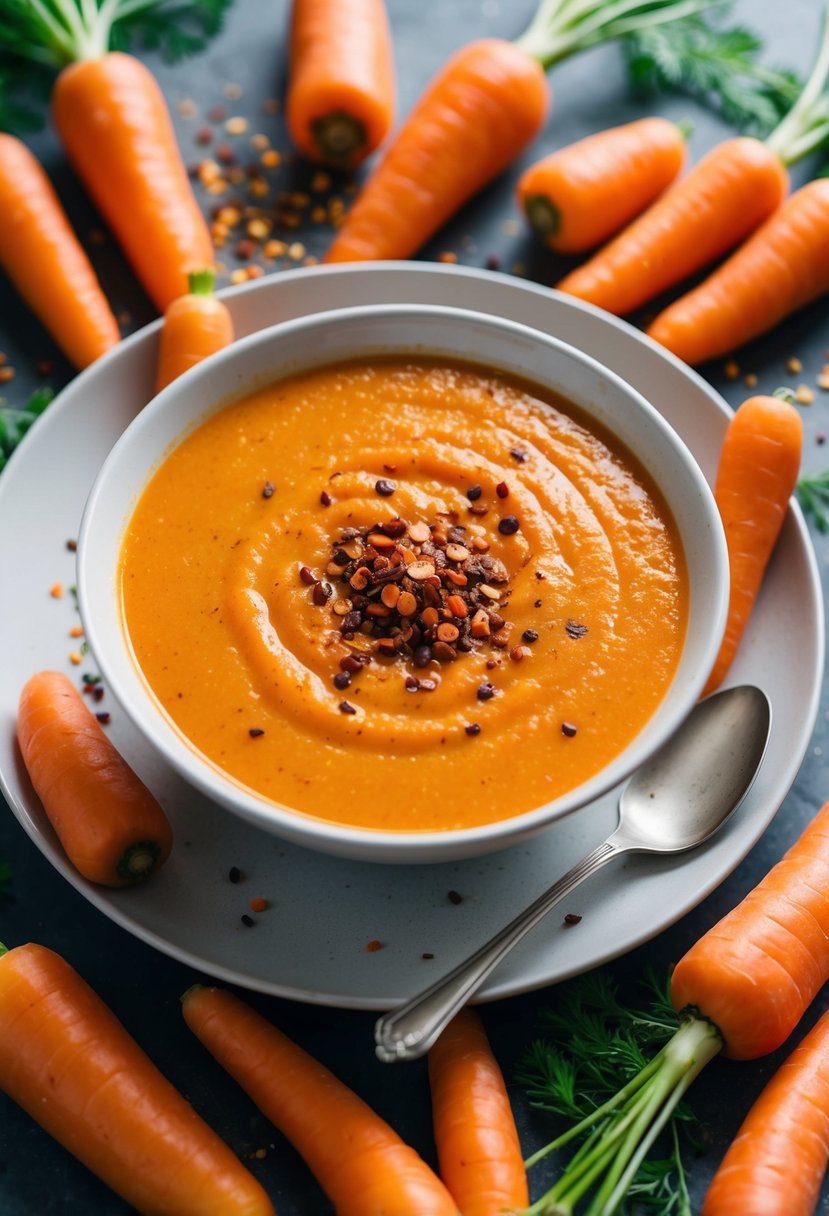 A vibrant orange carrot soup surrounded by scattered whole carrots and a sprinkling of spicy red pepper flakes